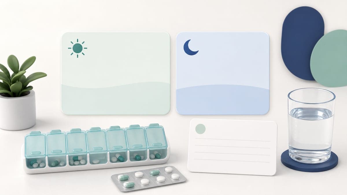 아침 저녁 복약 시간을 물과 일정표로 정리하는 추상 의료 일러스트