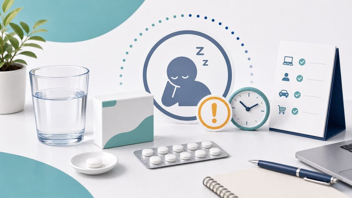 알레르기약 복용 후 졸림과 업무 집중 주의사항을 체크리스트로 확인하는 일러스트